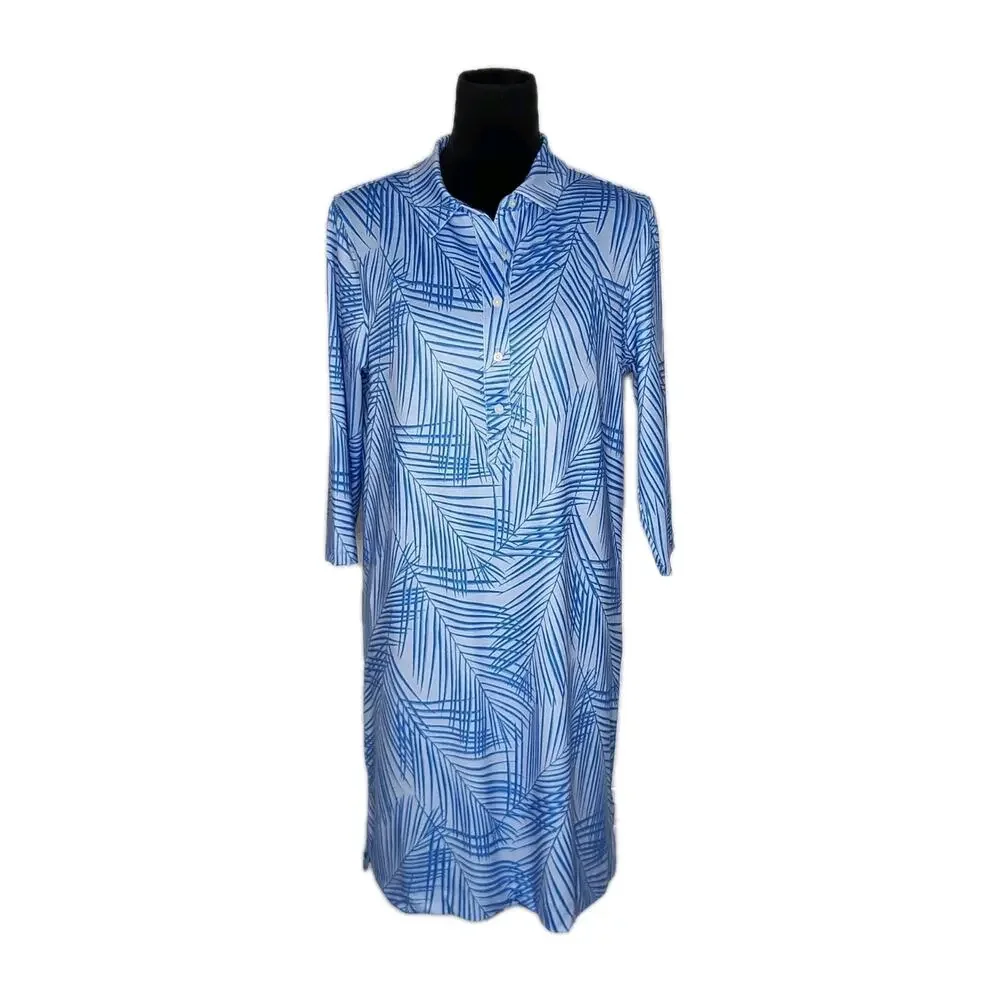 Vineyard Vines Polo Dress Womens L Blue Palm Print 3/4 Sleeve Stretch Shift - Picture 2 of 10